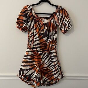 VTG Cache 100% Linen Animal Print Romper Size XS Boho Resort Safari Mob Wife Y2K